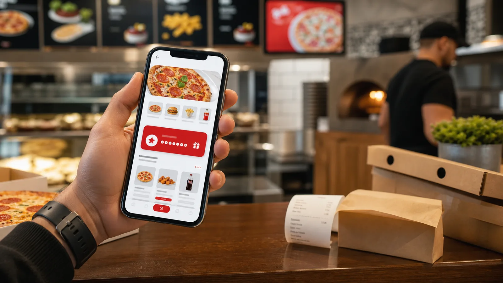 Client commandant depuis son téléphone sur le site de commande en ligne d'une pizzeria