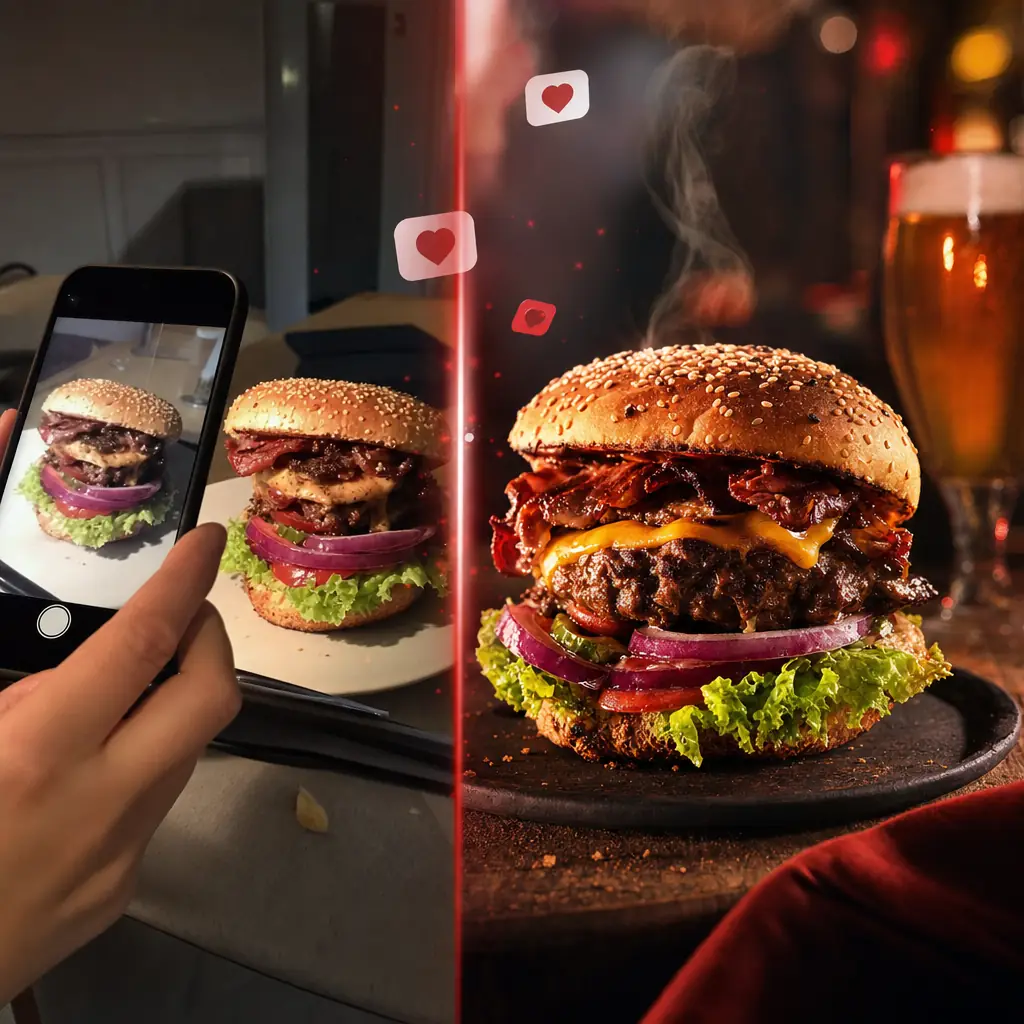 Photo de burger prise au smartphone transformée en visuel publicitaire professionnel par l'IA