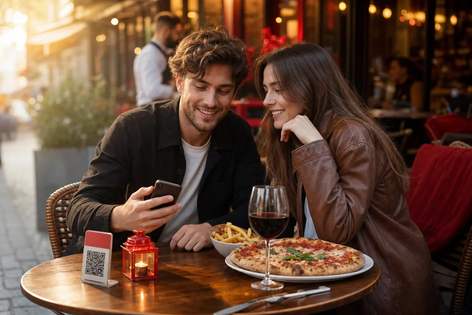 Client scannant un QR code posé sur la table d'un bistrot pour commander depuis son téléphone