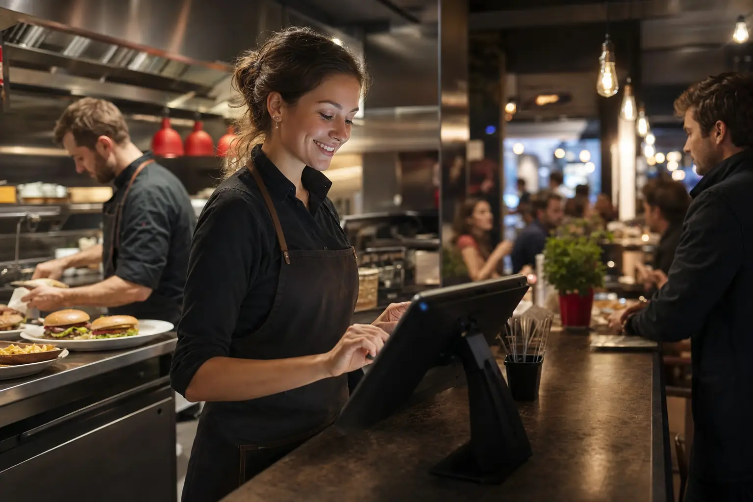 Employée encaissant une commande sur la caisse tactile pendant le service