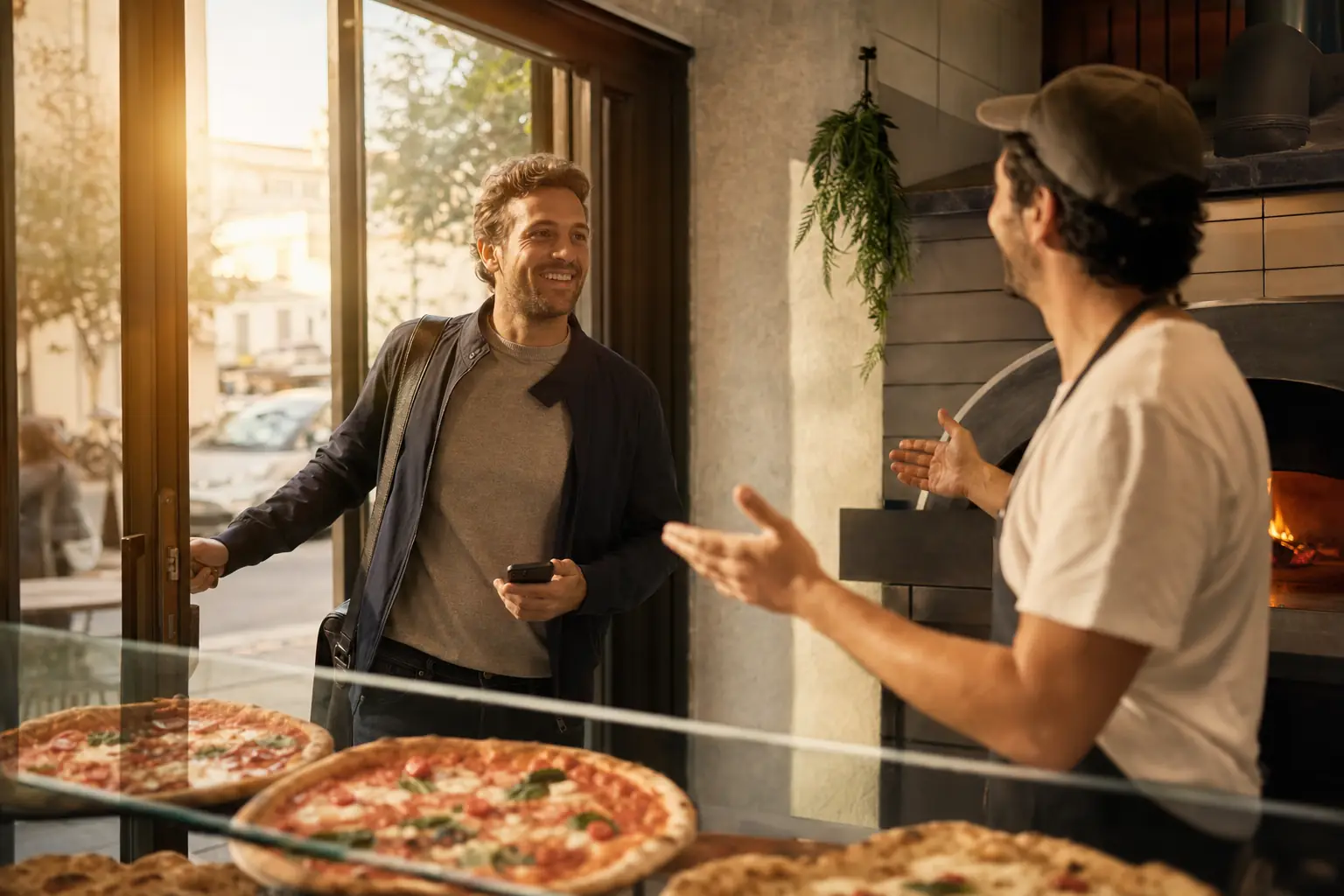 Client habitué accueilli par le patron en entrant dans sa pizzeria