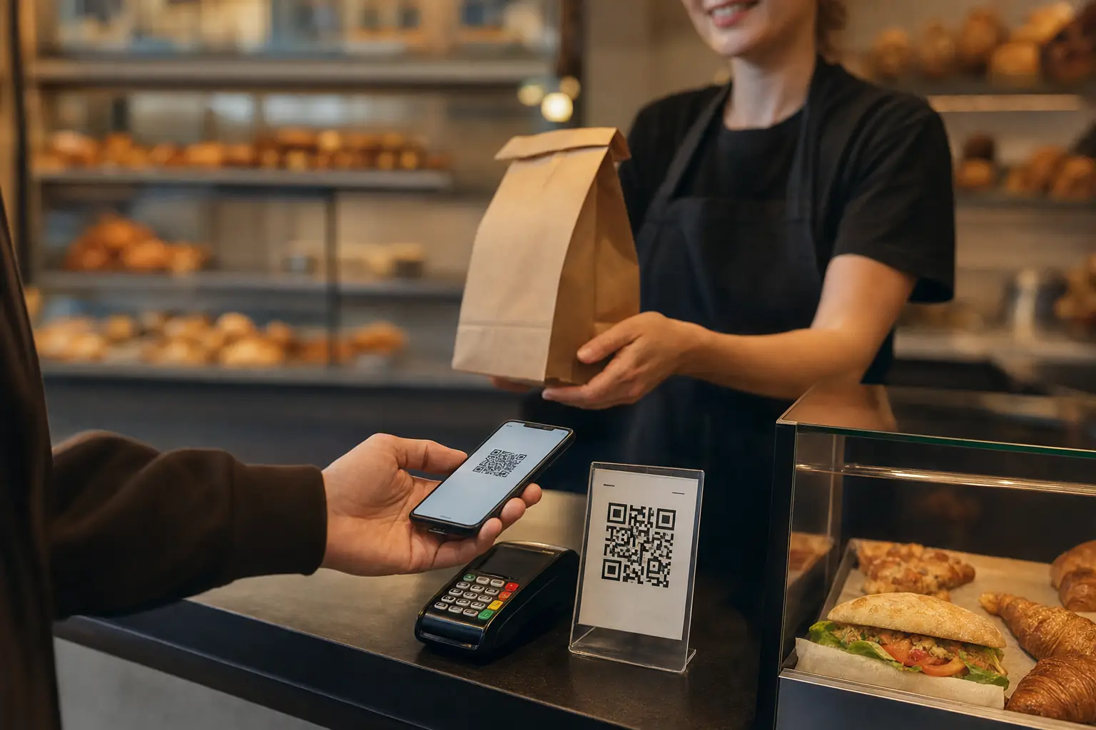 Cliente scannant le QR code de fidélité au comptoir d'une boulangerie